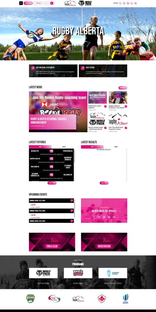 Rugby Alberta, Canada website homepage. Developed by SportLoMo