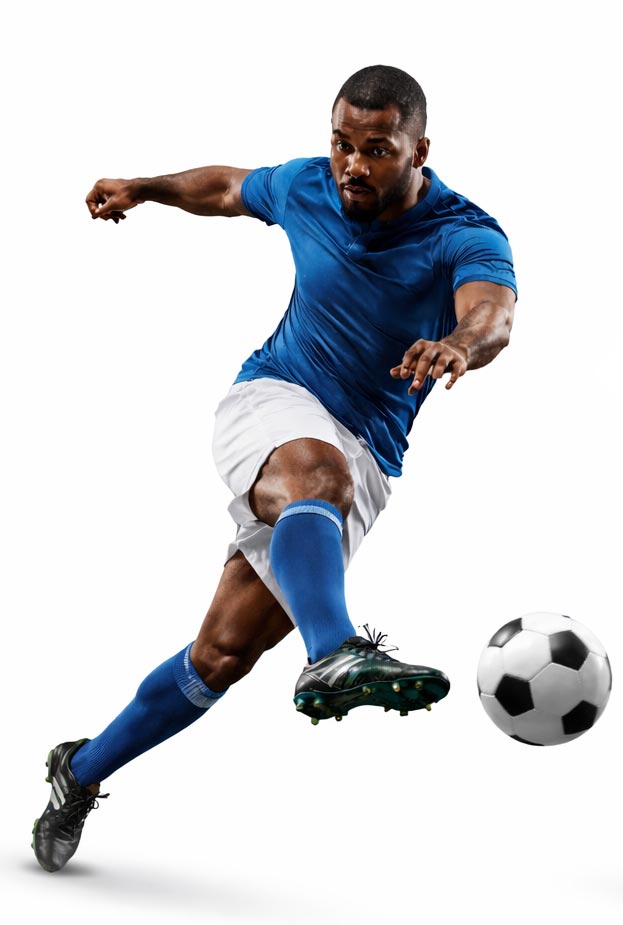 football player strikes ball