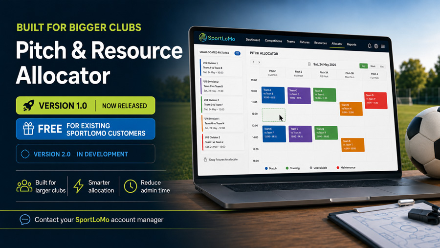 Pitch & Resource Allocator built for bigger clubs and free to existng SportLoMo Customers