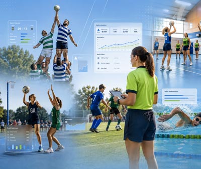 Rugby, Netball, Soccer, Football, Volleyball and Swimmers in action